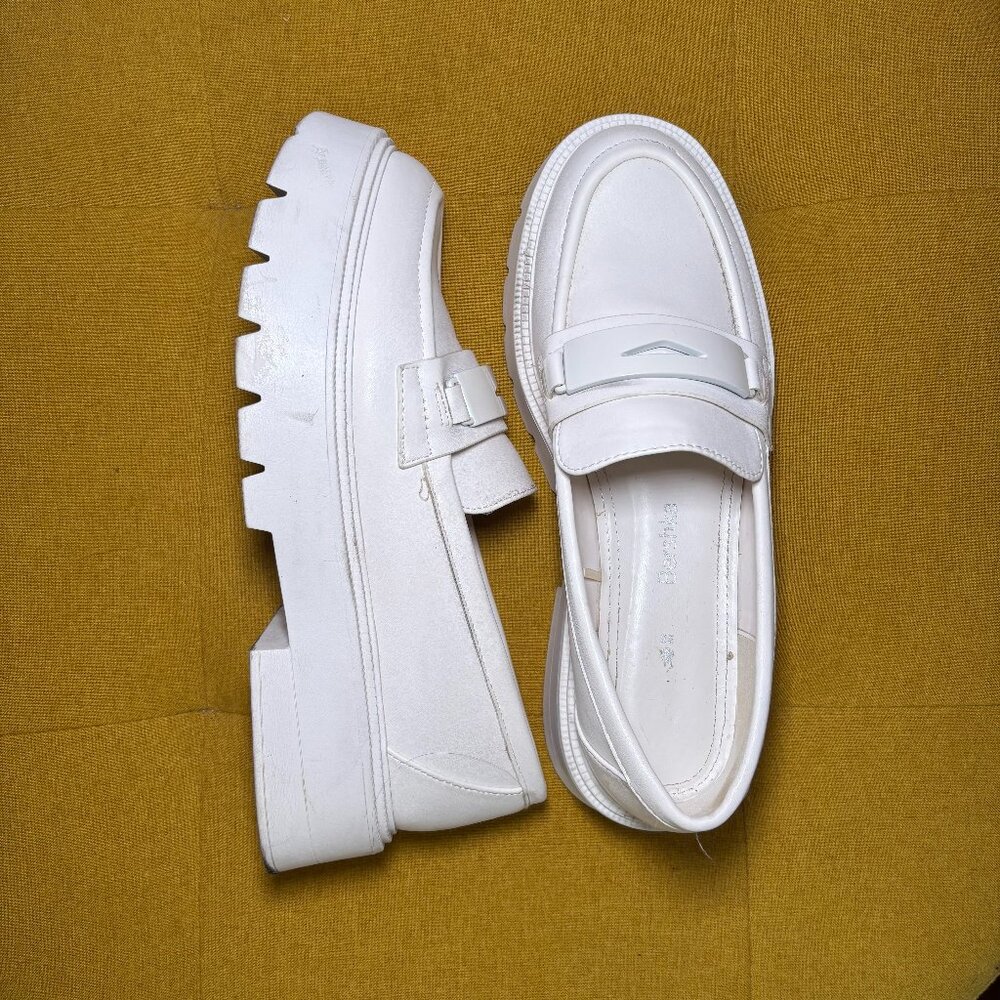 Bershka Women’s White Chunky Square-Toe Loafers Slip-On Platform Casual Shoes